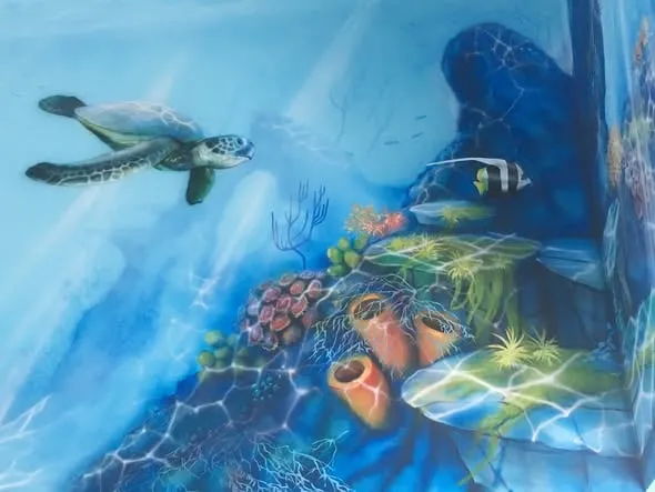 Żółw morski i rafa koralowa na muralu Ocean